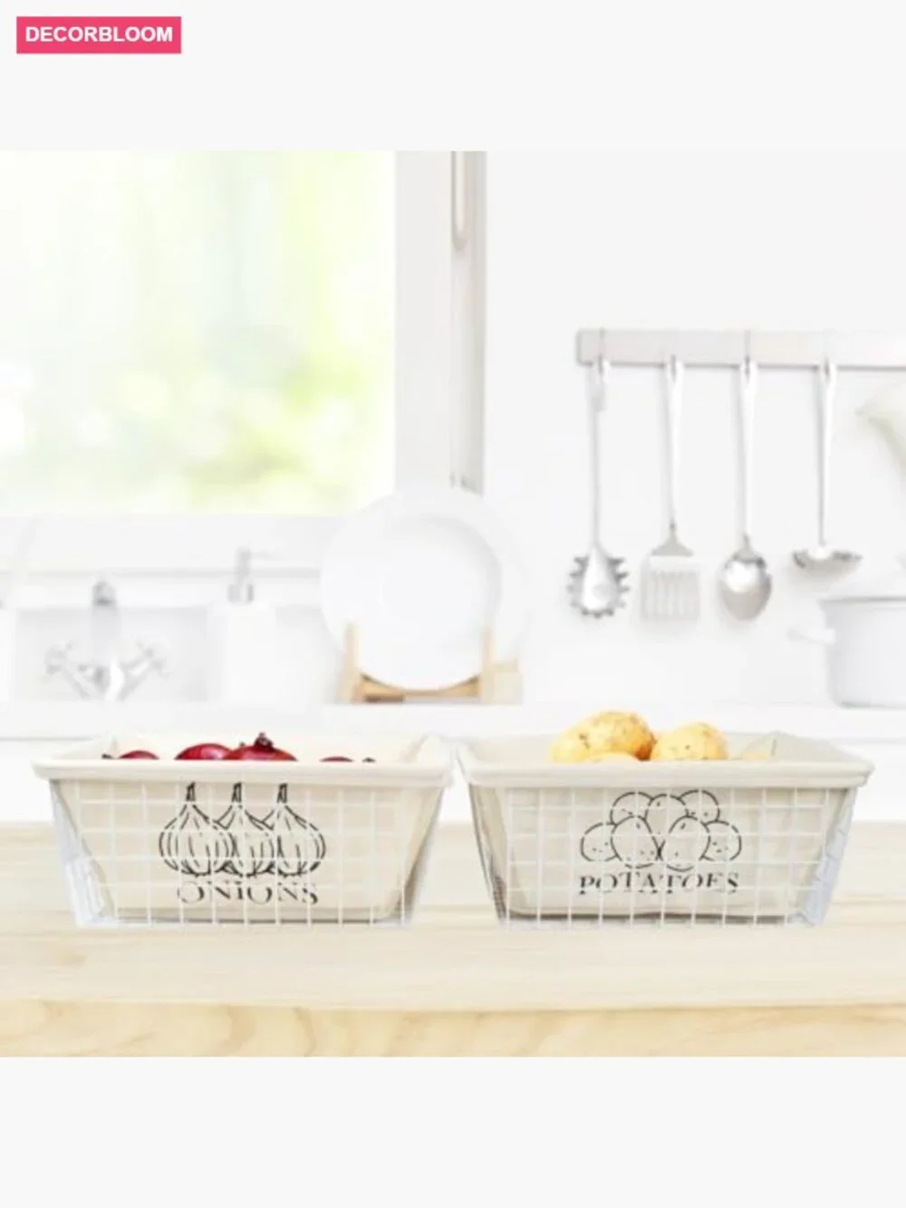 Potato and Onion Storage Baskets, Metal Wire with Cotton Lining, Kitchen Pantry